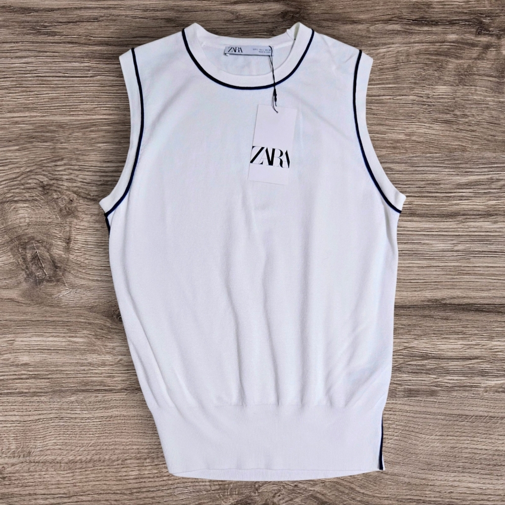 Zara White and Navy Top - Size Large - Picture 1 of 5